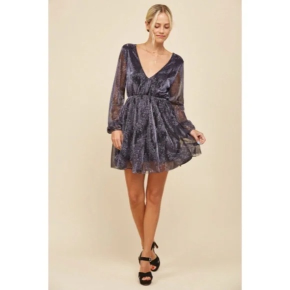 Indigo Metallic Sparkling Mesh Long Sleeve Cocktail Holiday Party Mini Dress - Picture 5 of 7